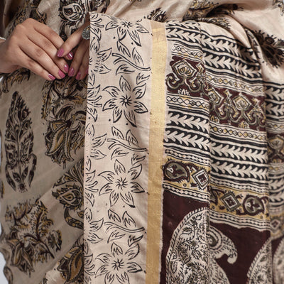Beige - Kalamkari Printed Silk Cotton Saree with Zari Border