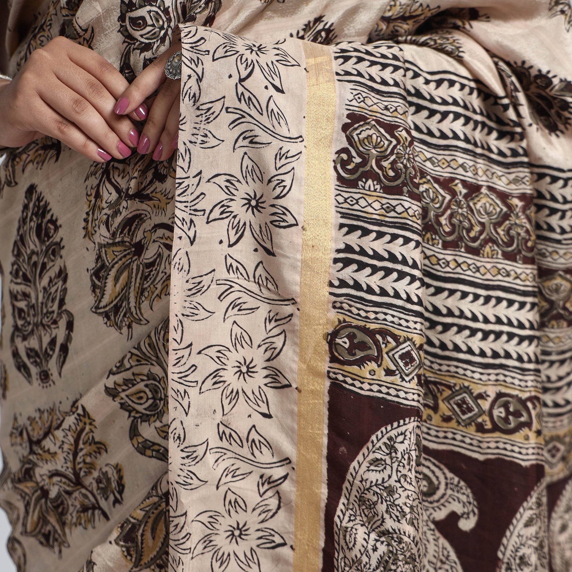 Beige - Kalamkari Printed Silk Cotton Saree with Zari Border