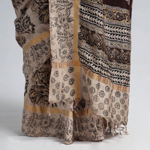 Beige - Kalamkari Printed Silk Cotton Saree with Zari Border