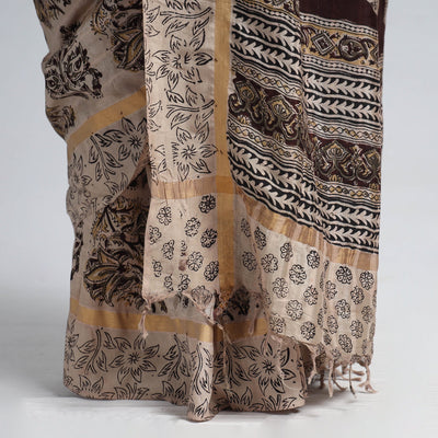 Beige - Kalamkari Printed Silk Cotton Saree with Zari Border