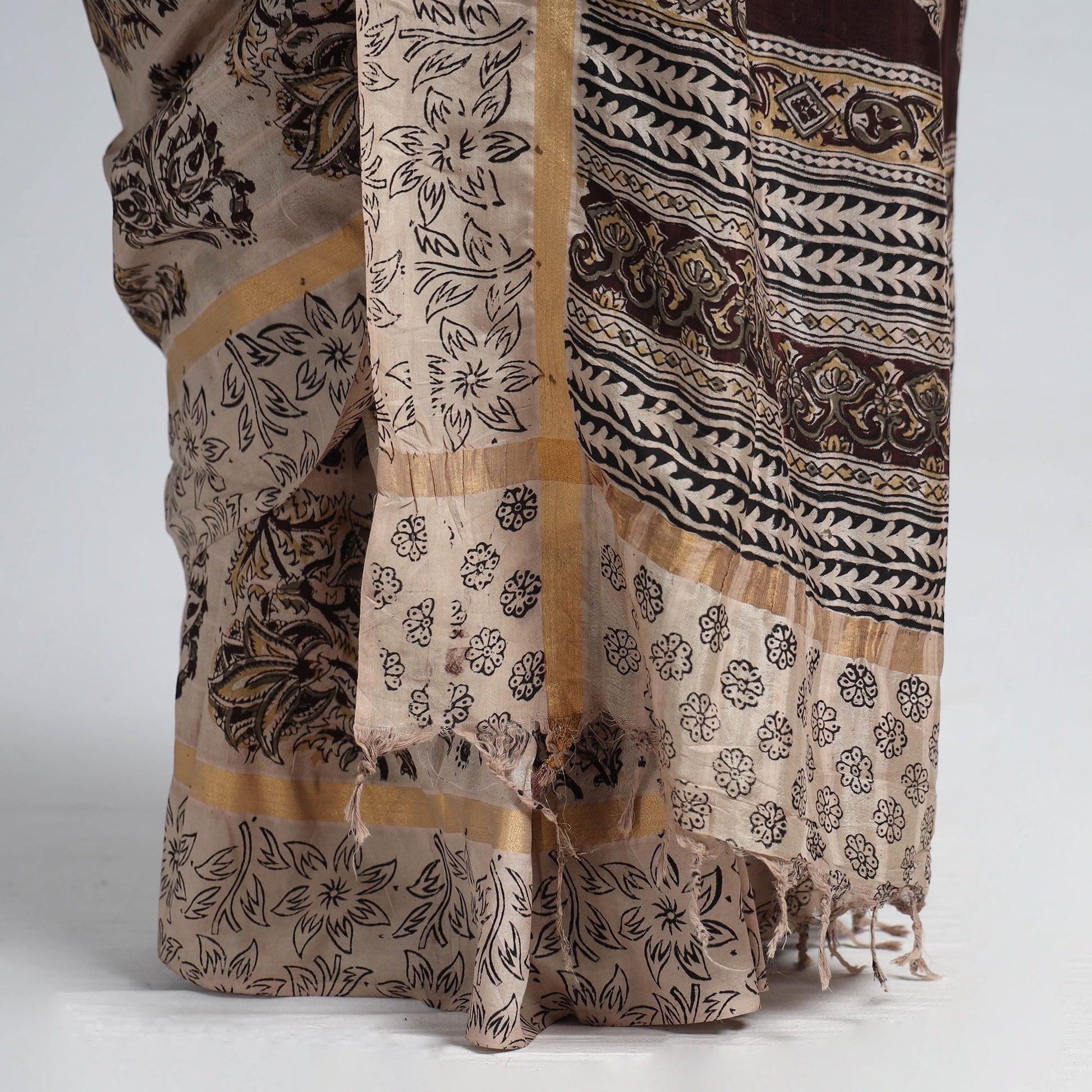Beige - Kalamkari Printed Silk Cotton Saree with Zari Border