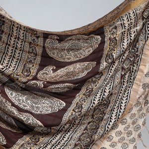 Beige - Kalamkari Printed Silk Cotton Saree with Zari Border