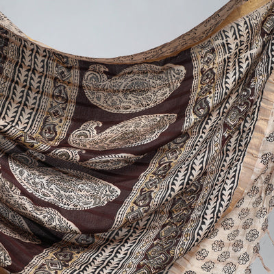 Beige - Kalamkari Printed Silk Cotton Saree with Zari Border