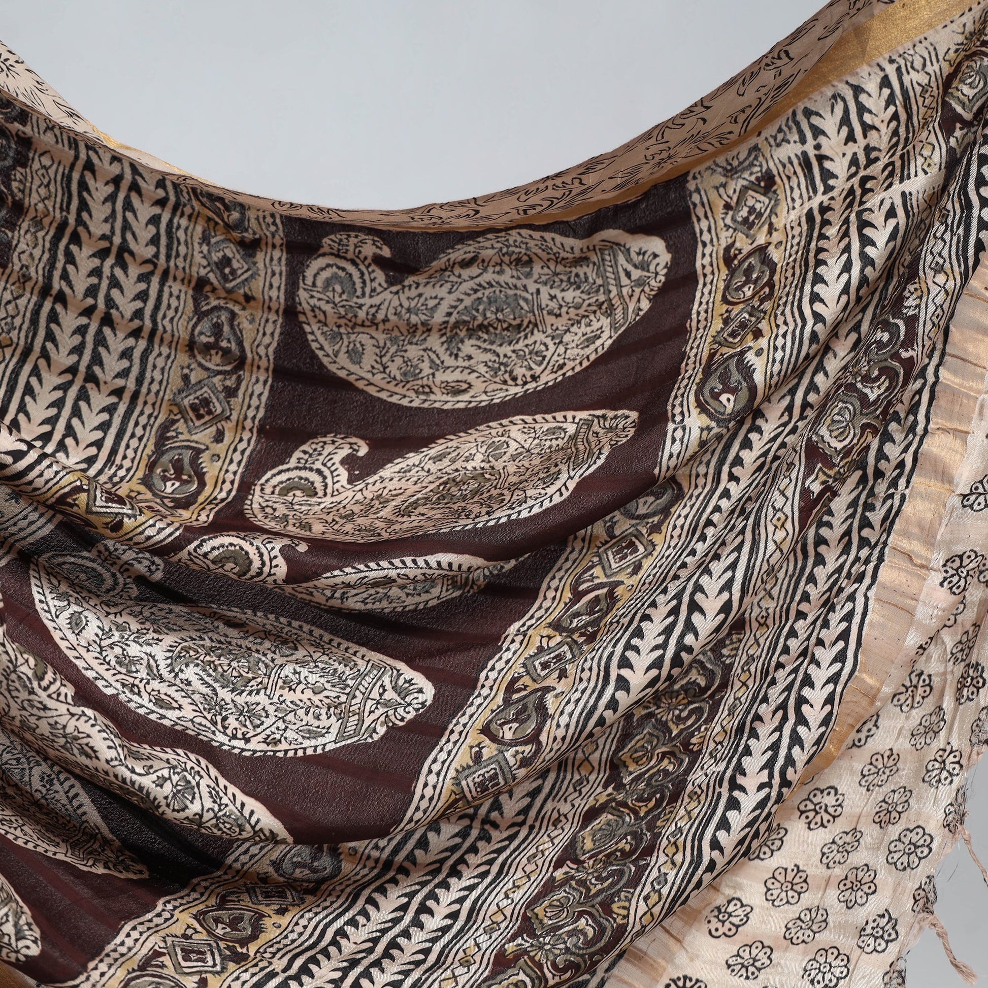 Beige - Kalamkari Printed Silk Cotton Saree with Zari Border