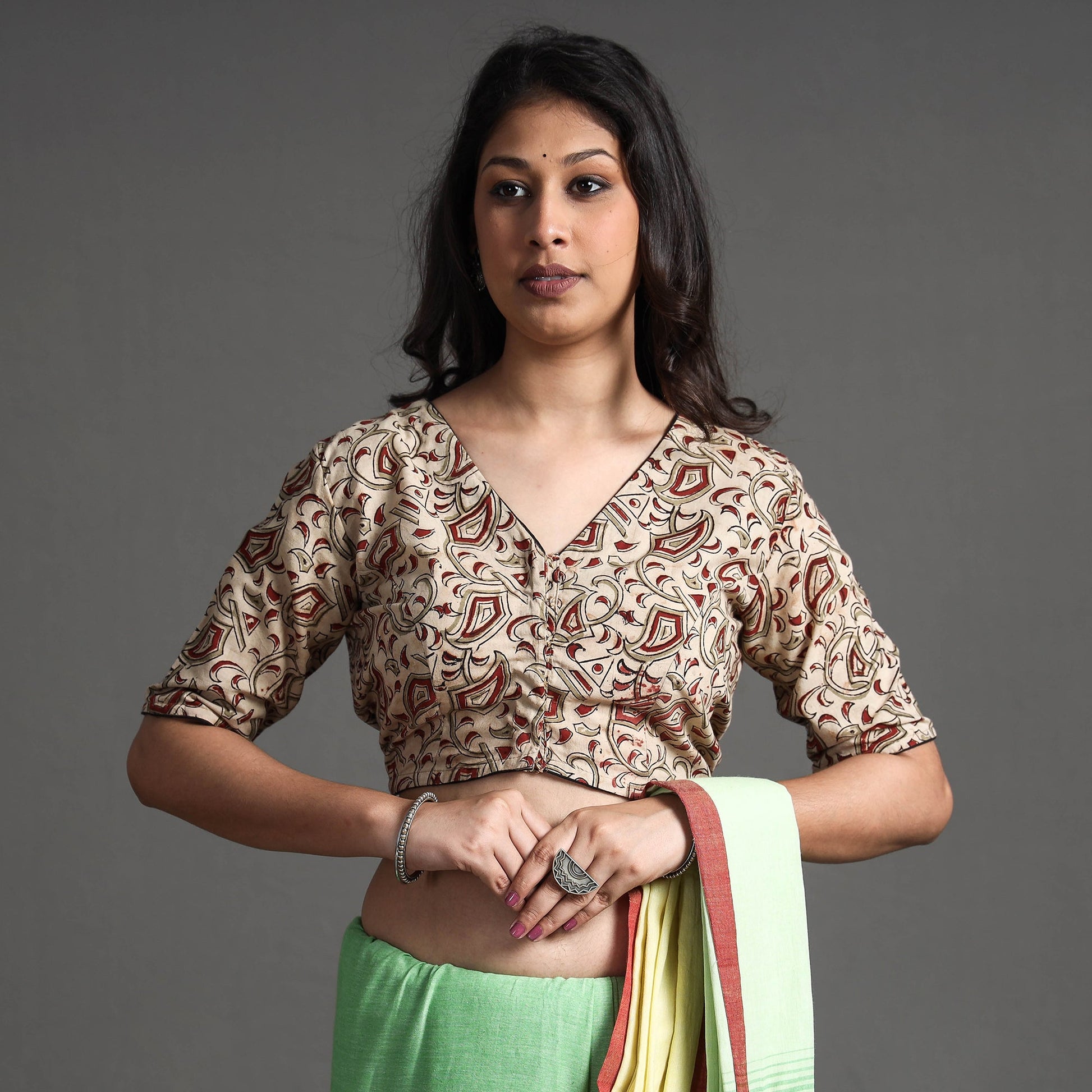 Beige - Kalamkari Block Printed Cotton Stitched Blouse