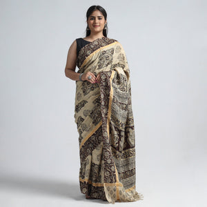 Beige - Kalamkari Printed Silk Cotton Saree with Zari Border