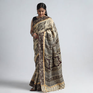 Beige - Kalamkari Printed Silk Cotton Saree with Zari Border