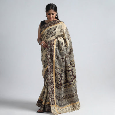 Beige - Kalamkari Printed Silk Cotton Saree with Zari Border