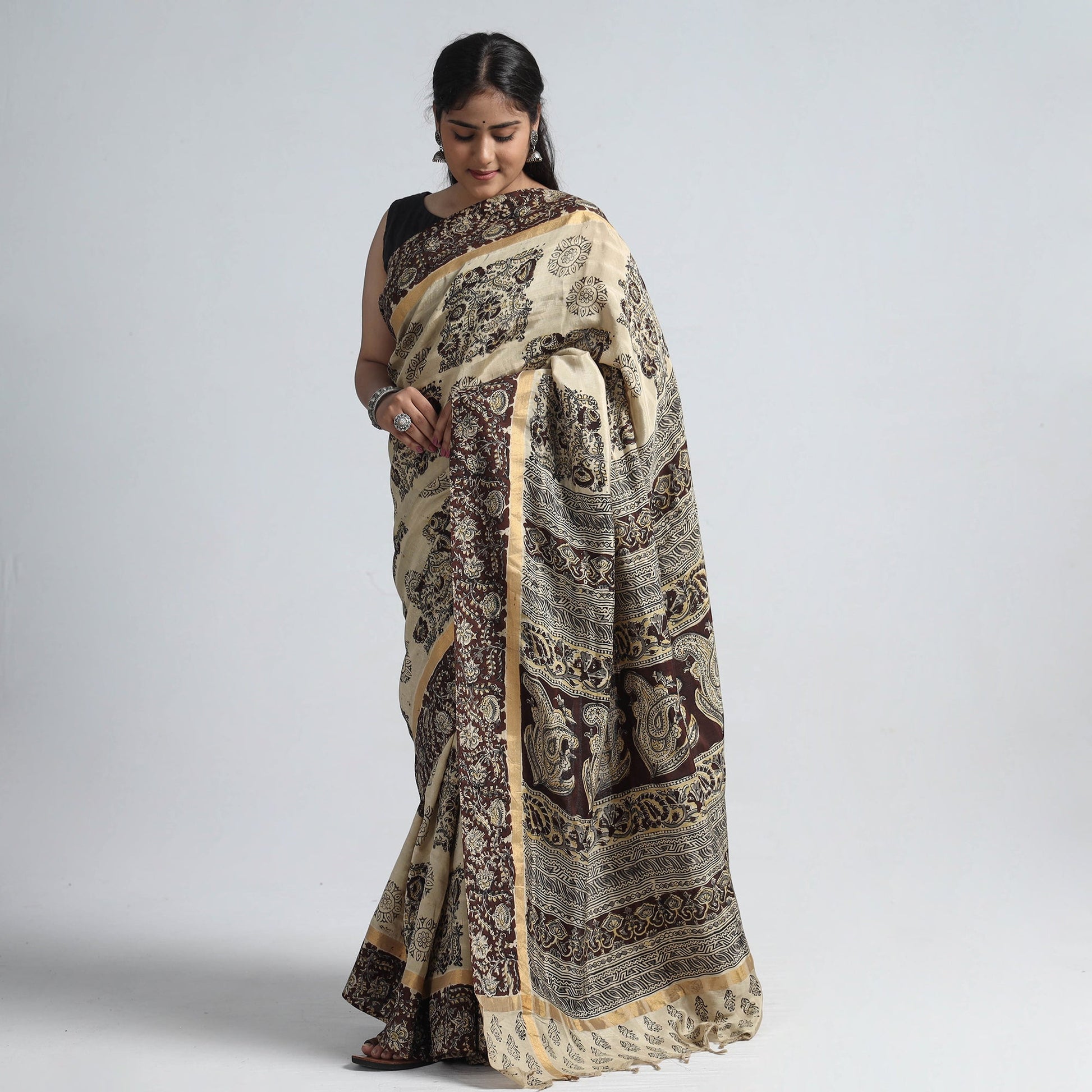 Beige - Kalamkari Printed Silk Cotton Saree with Zari Border