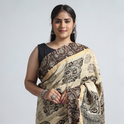 Beige - Kalamkari Printed Silk Cotton Saree with Zari Border