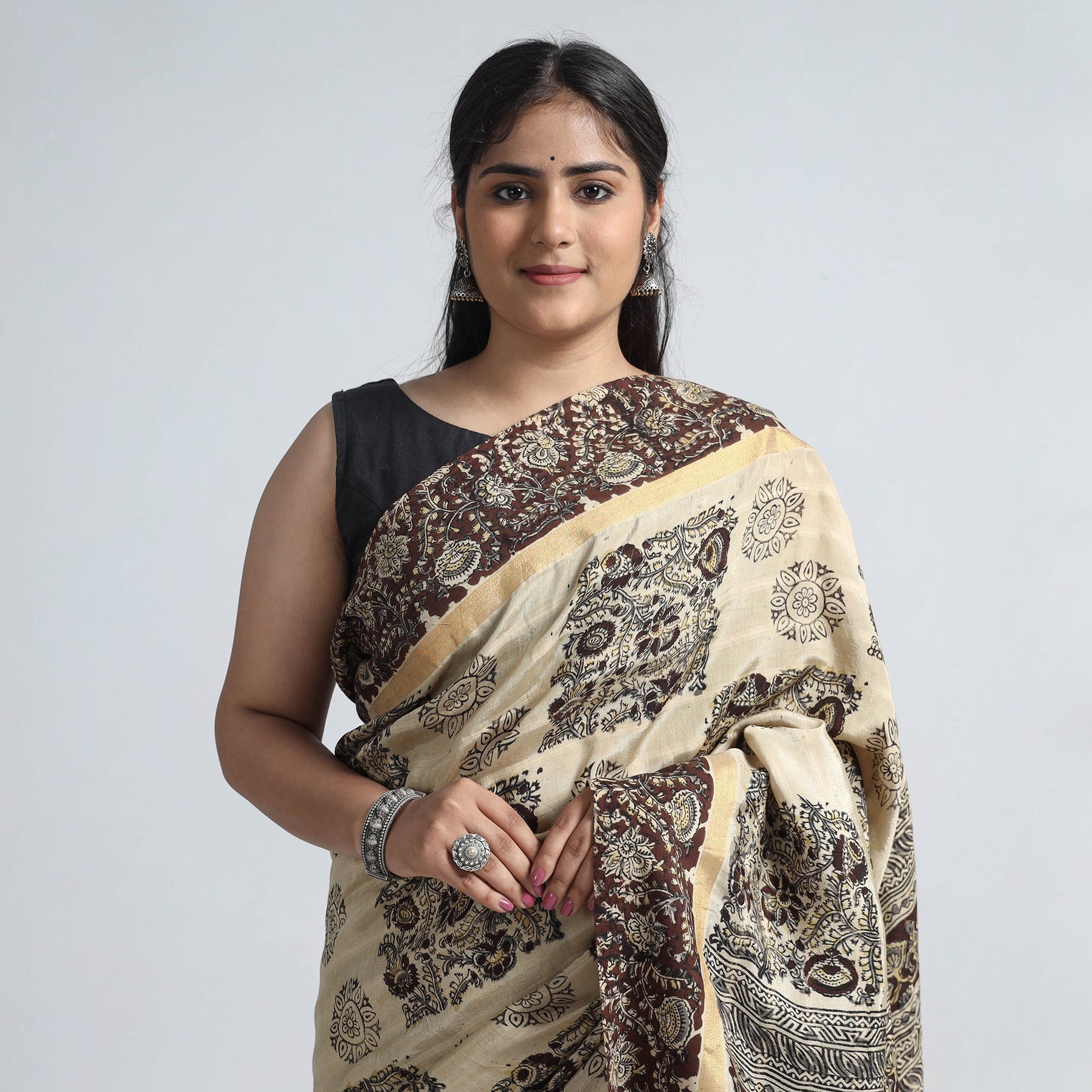 Beige - Kalamkari Printed Silk Cotton Saree with Zari Border