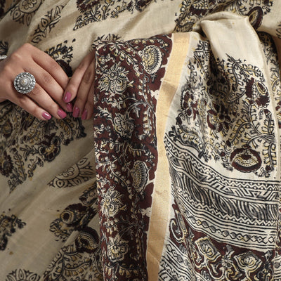 Beige - Kalamkari Printed Silk Cotton Saree with Zari Border