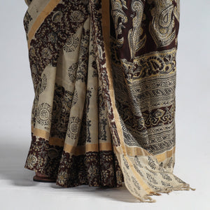Beige - Kalamkari Printed Silk Cotton Saree with Zari Border