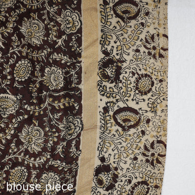Beige - Kalamkari Printed Silk Cotton Saree with Zari Border
