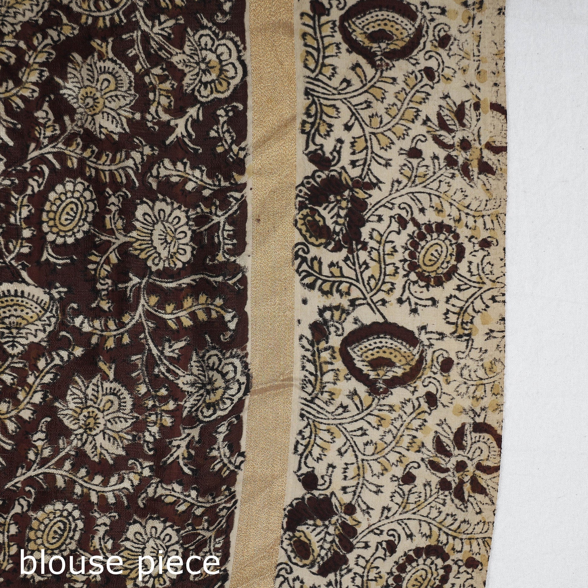 Beige - Kalamkari Printed Silk Cotton Saree with Zari Border