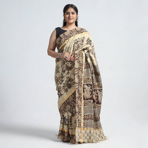 Beige - Kalamkari Printed Silk Cotton Saree with Zari Border