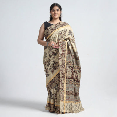 Beige - Kalamkari Printed Silk Cotton Saree with Zari Border