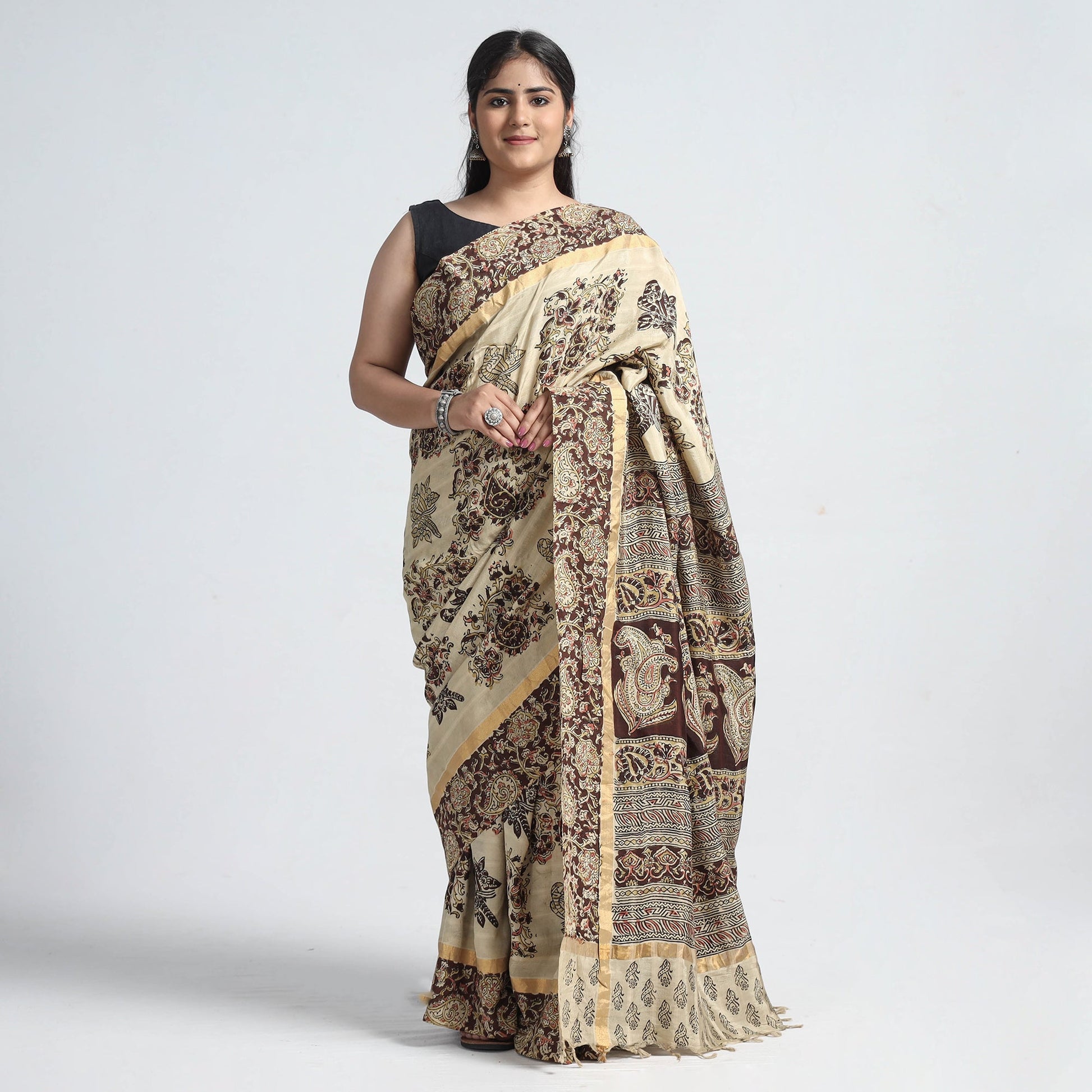 Beige - Kalamkari Printed Silk Cotton Saree with Zari Border