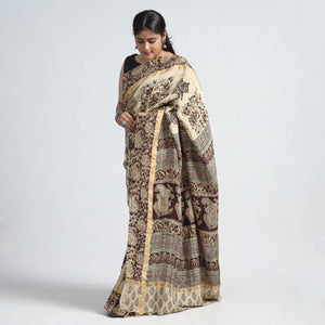 Beige - Kalamkari Printed Silk Cotton Saree with Zari Border