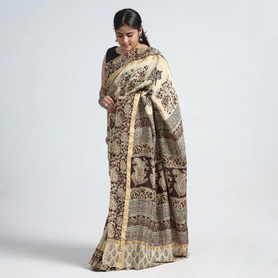Beige - Kalamkari Printed Silk Cotton Saree with Zari Border