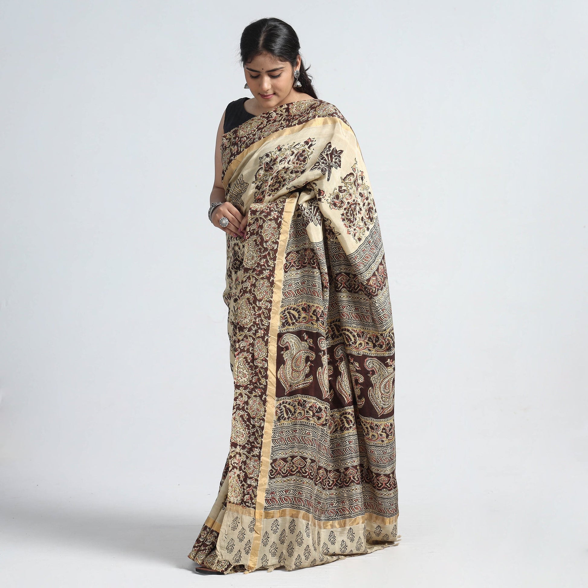 Beige - Kalamkari Printed Silk Cotton Saree with Zari Border