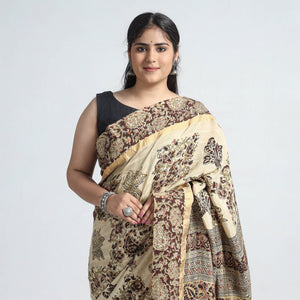 Beige - Kalamkari Printed Silk Cotton Saree with Zari Border
