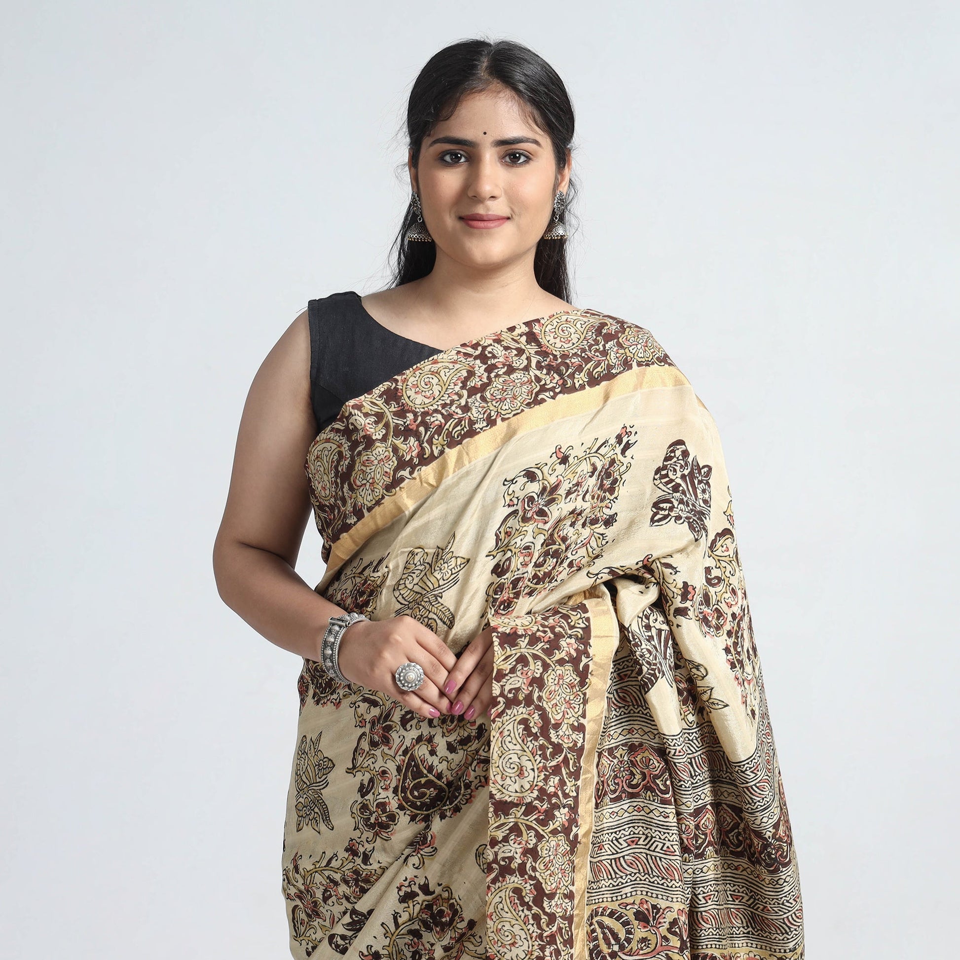 Beige - Kalamkari Printed Silk Cotton Saree with Zari Border
