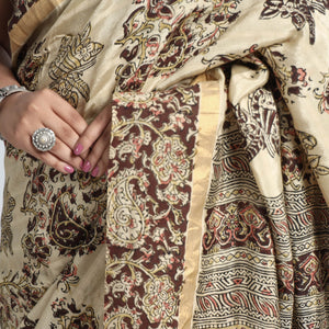 Beige - Kalamkari Printed Silk Cotton Saree with Zari Border