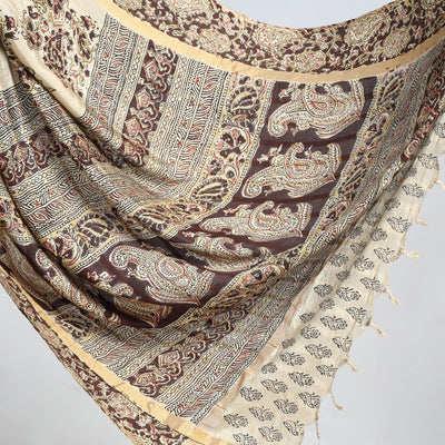 Beige - Kalamkari Printed Silk Cotton Saree with Zari Border