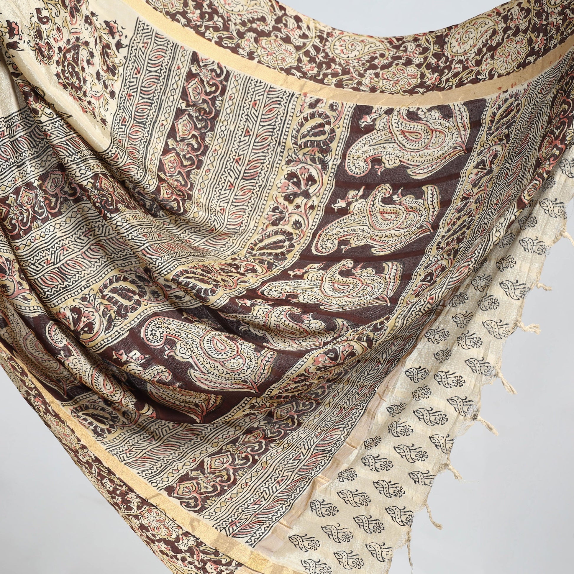 Beige - Kalamkari Printed Silk Cotton Saree with Zari Border