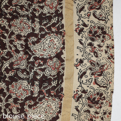 Beige - Kalamkari Printed Silk Cotton Saree with Zari Border