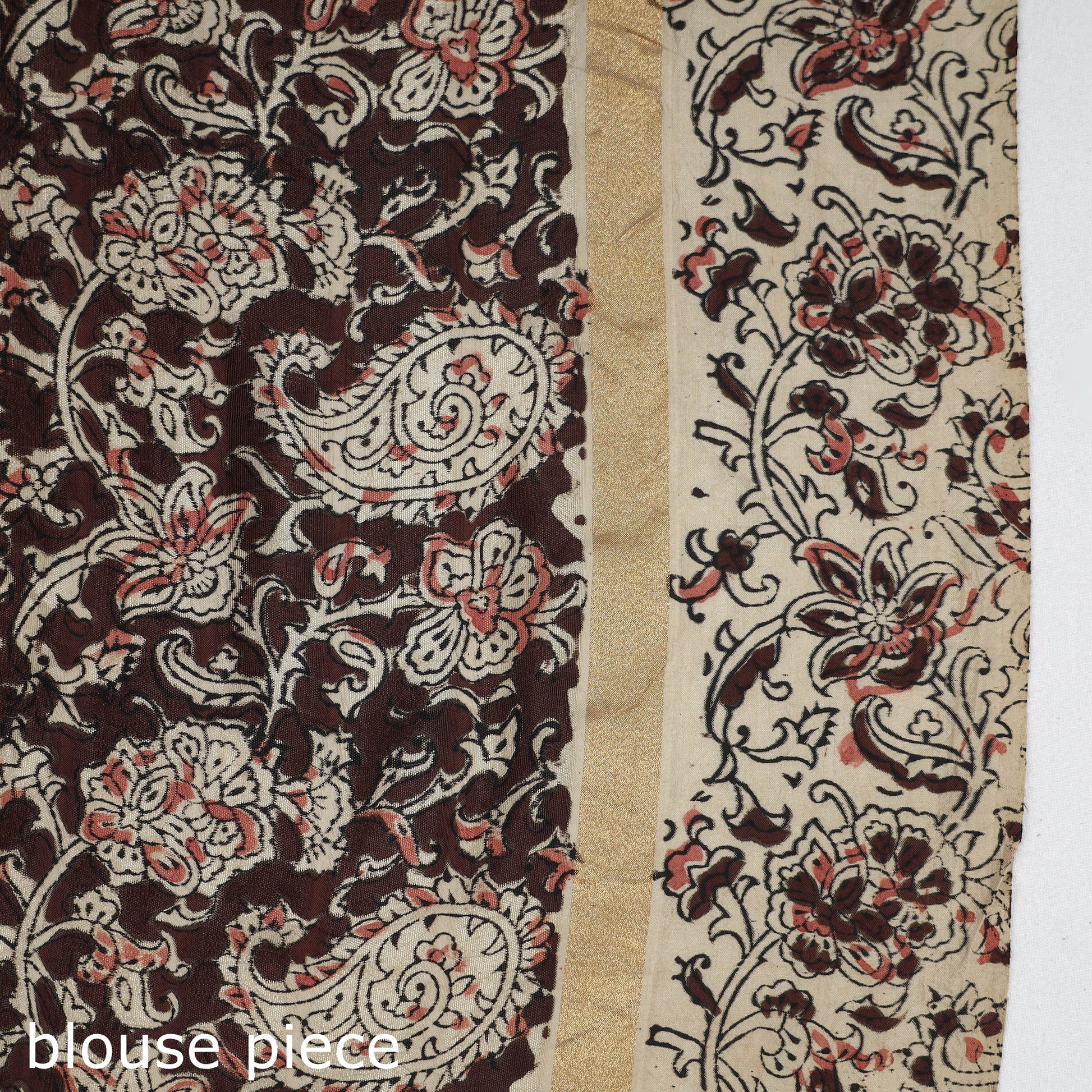 Beige - Kalamkari Printed Silk Cotton Saree with Zari Border