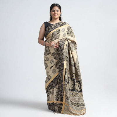 Beige - Kalamkari Printed Silk Cotton Saree with Zari Border
