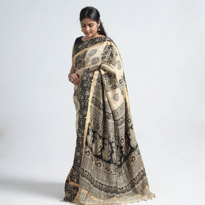 Beige - Kalamkari Printed Silk Cotton Saree with Zari Border