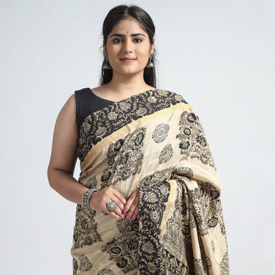 Beige - Kalamkari Printed Silk Cotton Saree with Zari Border