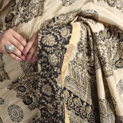 Beige - Kalamkari Printed Silk Cotton Saree with Zari Border