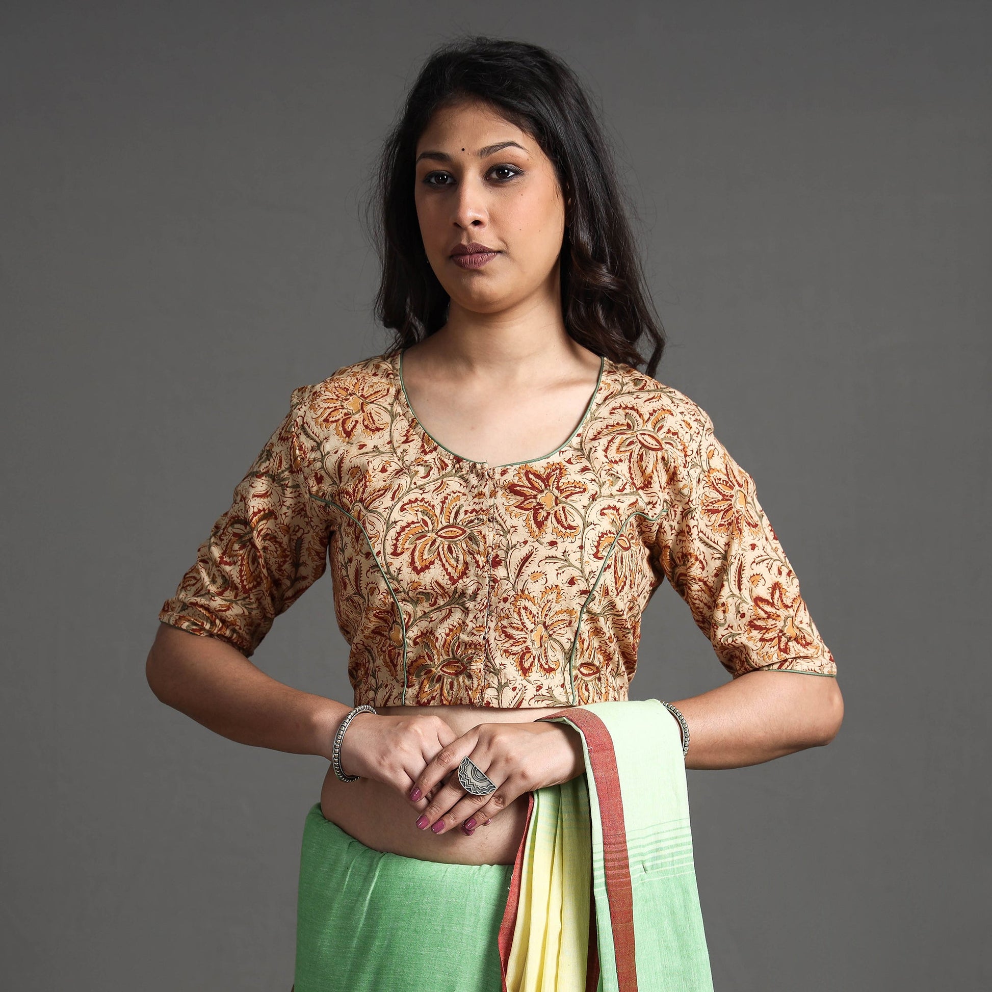 Beige - Kalamkari Block Printed Cotton Stitched Blouse