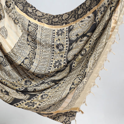 Beige - Kalamkari Printed Silk Cotton Saree with Zari Border
