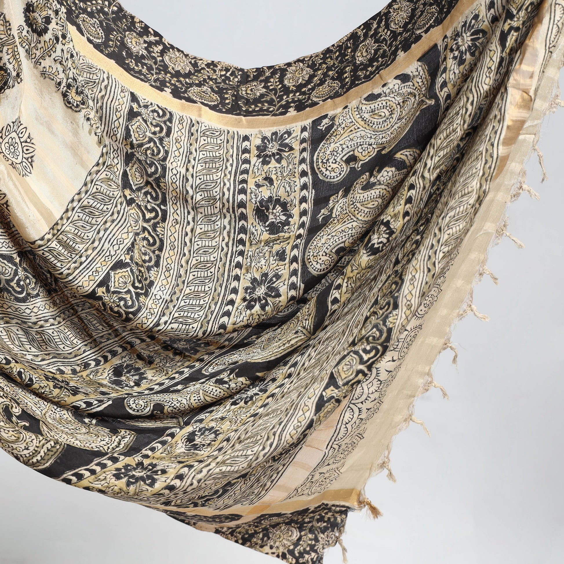 Beige - Kalamkari Printed Silk Cotton Saree with Zari Border