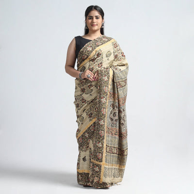 Beige - Kalamkari Printed Silk Cotton Saree with Zari Border