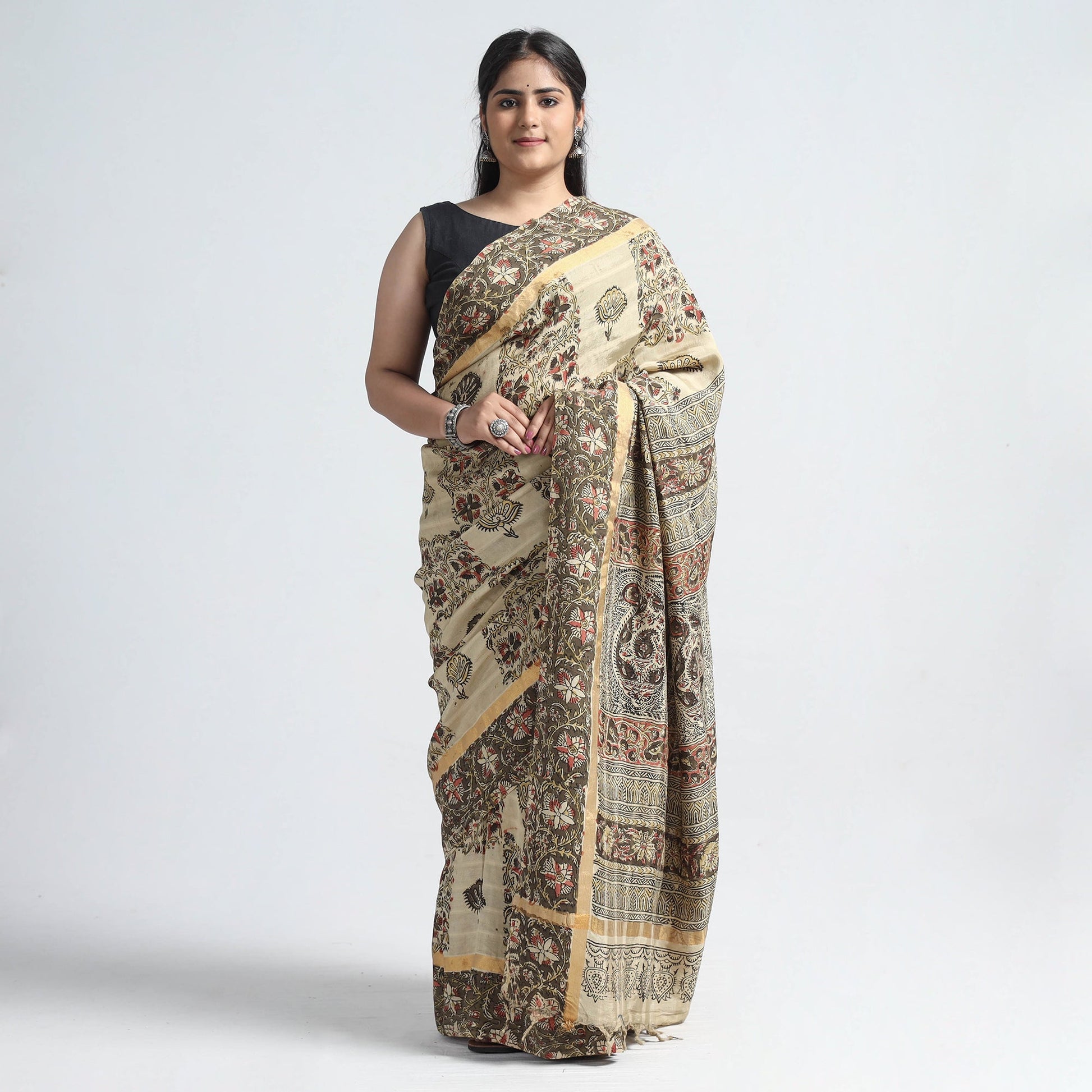 Beige - Kalamkari Printed Silk Cotton Saree with Zari Border