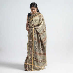 Beige - Kalamkari Printed Silk Cotton Saree with Zari Border