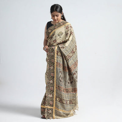 Beige - Kalamkari Printed Silk Cotton Saree with Zari Border