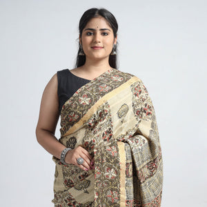 Beige - Kalamkari Printed Silk Cotton Saree with Zari Border