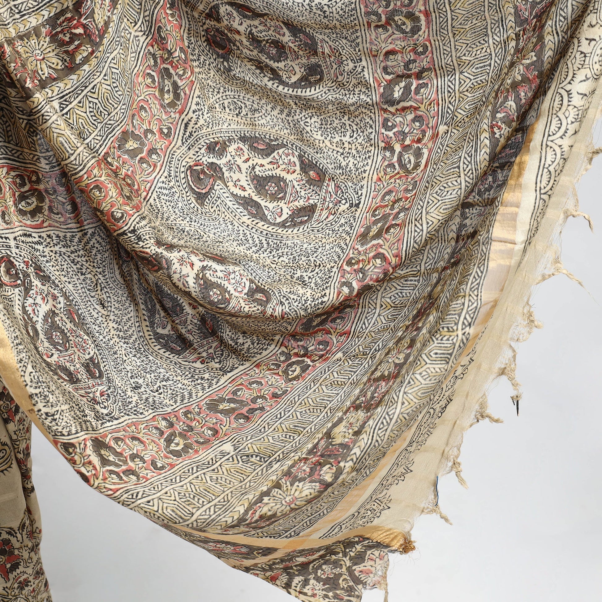 Beige - Kalamkari Printed Silk Cotton Saree with Zari Border