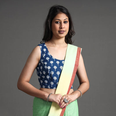Blue - Bagru Dabu Block Printed Cotton Stitched Sleeveless Blouse