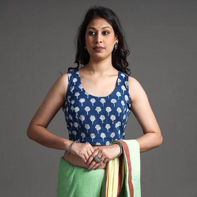 Blue - Bagru Dabu Block Printed Cotton Stitched Sleeveless Blouse