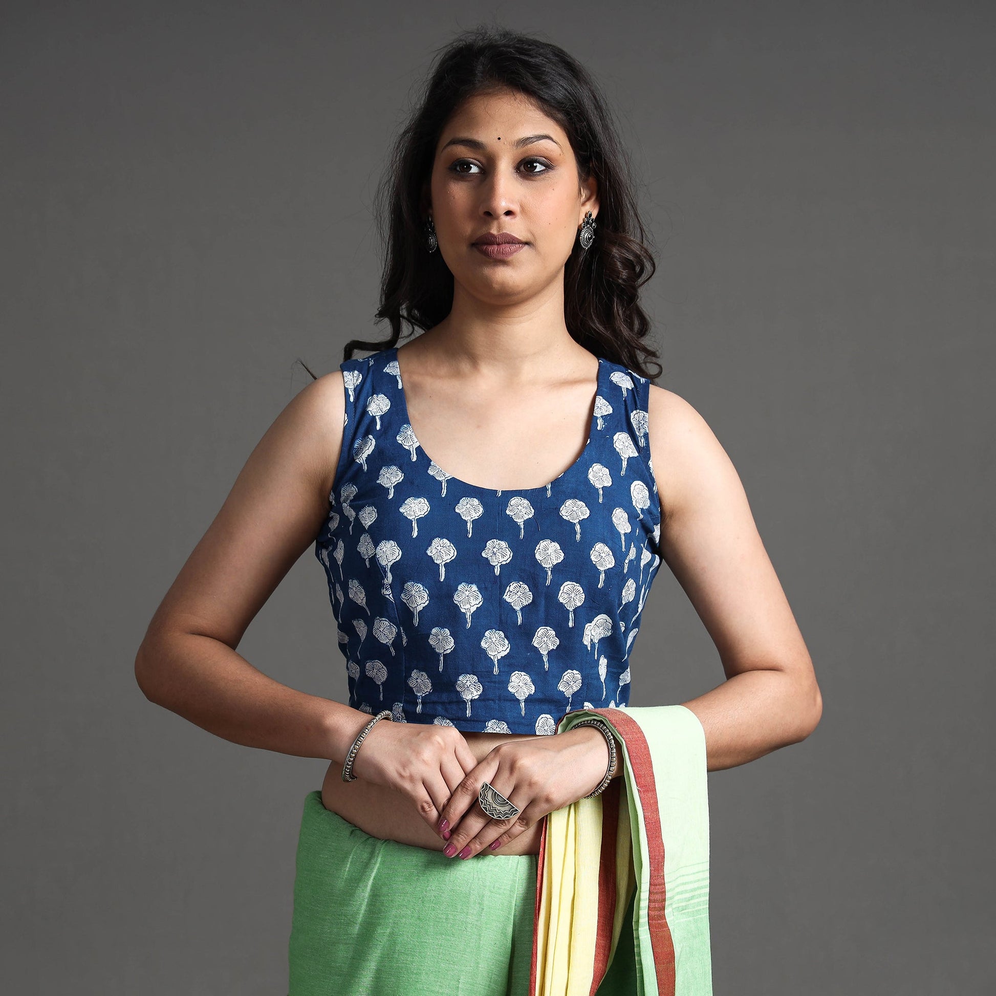 Blue - Bagru Dabu Block Printed Cotton Stitched Sleeveless Blouse