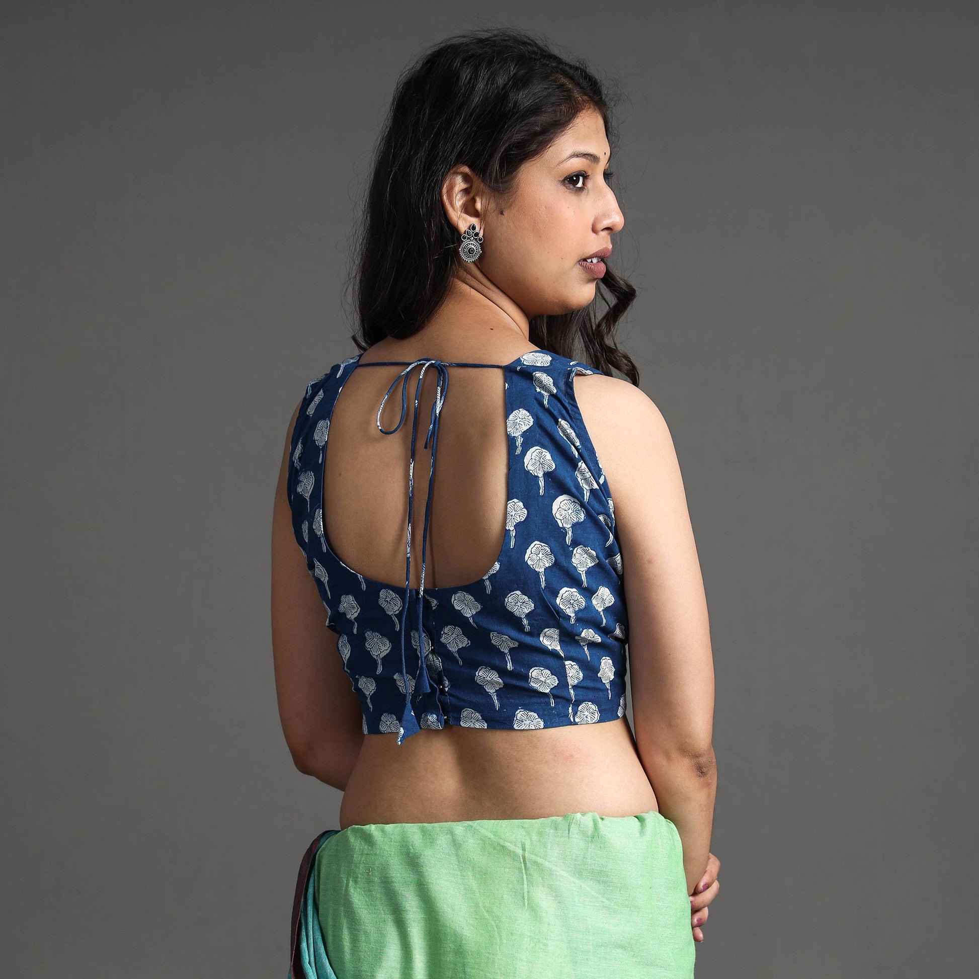 Blue - Bagru Dabu Block Printed Cotton Stitched Sleeveless Blouse