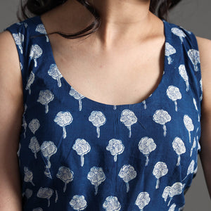 Blue - Bagru Dabu Block Printed Cotton Stitched Sleeveless Blouse